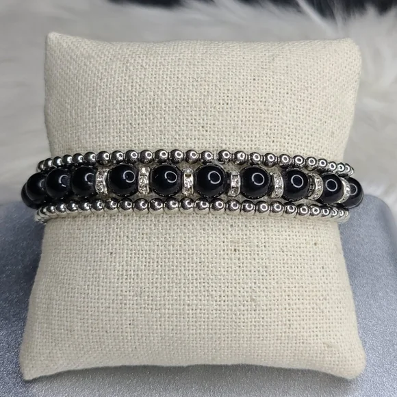 Paparrazzi Accessories Stretch Bracelet Black Silver Beads Lightweight Stackable - Picture 1 of 2